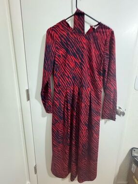 Boden Red and Black Long Sleeve Patterned Midi Dress